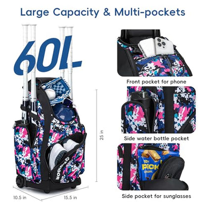 KAVIGOR Rolling Baseball Bag with Wheels, 60L Capacity Softball Bag Holds 4 Bats for Boys and Girls, Youth Equipment Bag with Shoe Compartment - color: Pink Camo