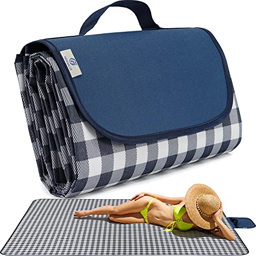 Beach Blanket Extra Large Picnic Mat Sand Free Waterproof Camping Blanket Easy Fold Carry Portable Travel Blanket Play Mat for Outdoor Indoor Hiking Festival BBQ Park Grass Lawn - color: Navy Grid