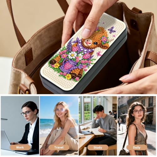 FlyingMage 5D Diamond Art Painting Kit, Hard Shell Eyeglasses Glasses Case | Highland Cattle DIY Diamond Dots, Small Gem Art Painting Mosaic Kits, Cute Sunglasses Case for Adults Beginner Women Teen - color: Beige Flower Highland Cattle