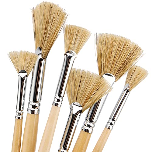 JEUIHAU 12 Pack Fan Brush Set, Bristles Fan Paint Brushes, Hog Bristle Stiff Fan Brush Set, Fan Artist Paint Brush with Long Wooden Handle for Acrylic Watercolor Oil Painting