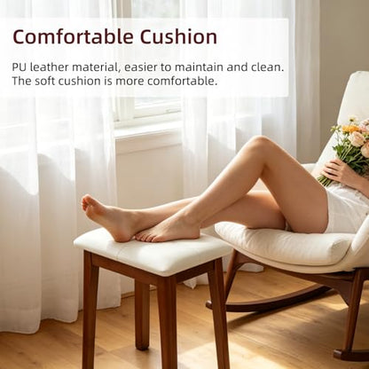 Solid Wood Vanity Stool with Cushion | 11"D x 15"W x 18" H - Small Wooden Ottoman Bench Chair Padded Seat for Bedroom/Living Room/Office/Makeup Vanity - color: Beige White - 18"h