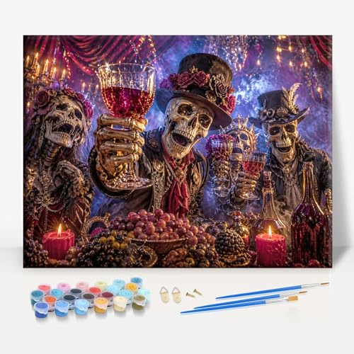 Aeontinity Afterlife Laughter Skull Party Gothic Framed Canvas DIY Paint by Numbers Kit Bar Cafe Cave Home Room Wall Bathroom Porch Patio Decor Gift, 16 x 12 Inch - color: AFTERLIFE LAUGHTER SKULL PARTY - 16 x 12 Inch