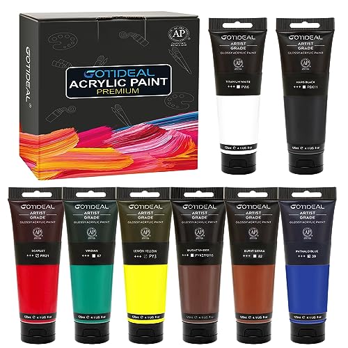 GOTIDEAL Craft Acrylic Paint Set,8 Primary Colors（(120ml,4 oz) Washable | Rich Pigments Non-Toxic, Professional Paint for Pouring on Canvas, Rocks, Ceramic, Fabric, Leather, for Artist, Adults - color: 8 Colors, style: Regular