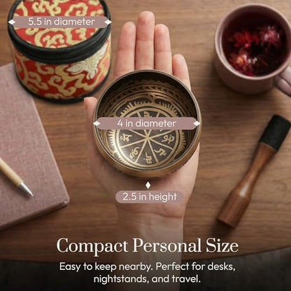 Silent Mind Tibetan Singing Bowl Set – Easy to Play & Beginner Friendly Meditation Bowl with Cushion, Mallet & Case | Stress Relief & Mindfulness | Gift-Ready - color: Antique Light Brown, size: With Case