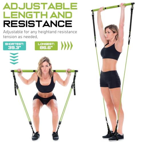 Pilates Bar Kit with 6 Latex Resistance Bands, Adjustable Exercise Bar - color: Green