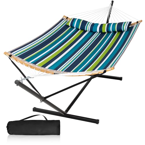 Double Hammock with 12FT Stand for Outside, Green Blue Stripe | Heavy Duty Hammock with Curved Spreader Bars, Pillow, Safety Ropes and Portable Carring Bag, Large Hammock, Max 450 Lbs - color: Green Blue Stripes