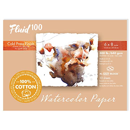 Fluid 100 Watercolor Block, 6 x 8 inches, 10 Sheets, 300 lb (640 GSM) 100% Cotton Cold Press Pad for Artist Painting and Wet Media - size: 6 x 8 (300 lb)