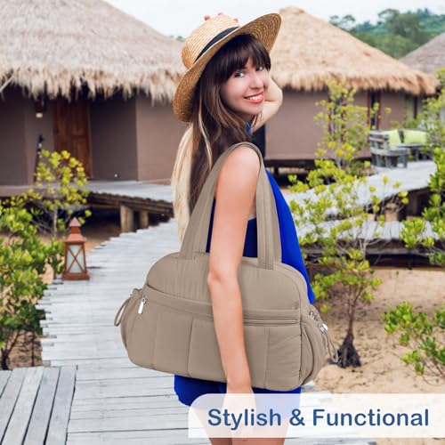 TOPDesign Travel Duffel Bag for Women, Puffer Gym Bag Sports Tote with Wet Pocket, Carry On Weekender with Luggage Sleeve (Camel) - color: Camel