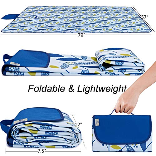 Beach Blanket Picnic Blanket Outdoor Mat Extra Large Waterproof Sand Proof Camping Blanket Lightweight Folding Portable Travel Blanket for Family Park Beach Grass, 79"x57" - color: Blue Leaf