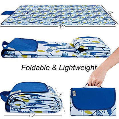 Beach Blanket Picnic Blanket Outdoor Mat Extra Large Waterproof Sand Proof Camping Blanket Lightweight Folding Portable Travel Blanket for Family Park Beach Grass, 79"x57" - color: Blue Leaf