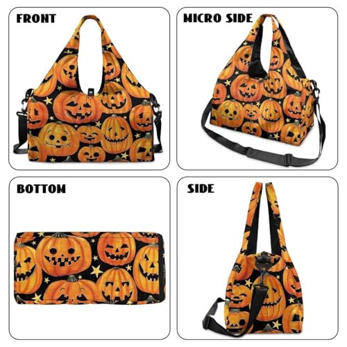 Gym Bag with Yoga Mat Holder Large Tote Bag With Multi Pockets for Women Men Dry Wet Separated Pocket Carryall Yoga Tote Bag for Pilates Travel Workout Office - color: Halloween Pumpkin