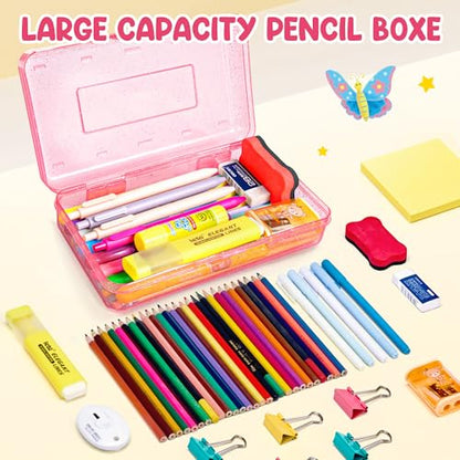 GAMENOTE Plastic Pencil Box with Snap Lid, School Supply Case, Glitter Pink | Kid Large Hard Pencil Case with Personalized Sticker, Snap-tight Lid, Small Art Craft Storage Containers for Boys, Girls - color: Glitter Pink