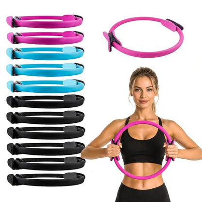 12 Pack Pilates Ring Set - 15 Inch Magic Circle Bulk Yoga Fitness Rings for Full Body Toning, Core Workout and Postpartum Recovery - Portable Lightweight Resistance Circle (6 Black, 3 Blue, 3 Pink)