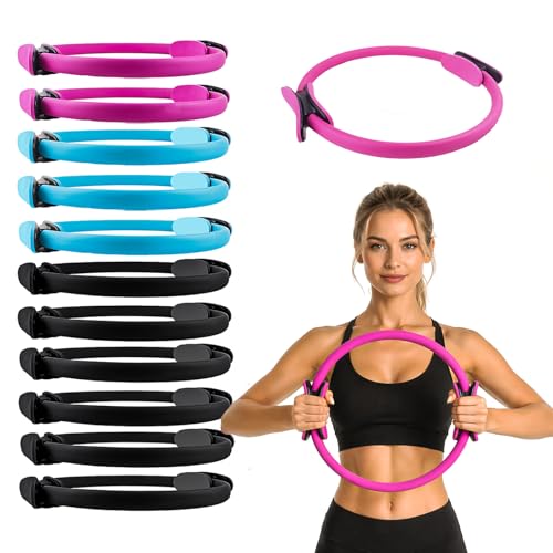 12 Pack Pilates Ring Set - 15 Inch Magic Circle Bulk Yoga Fitness Rings for Full Body Toning, Core Workout and Postpartum Recovery - Portable Lightweight Resistance Circle (6 Black, 3 Blue, 3 Pink)
