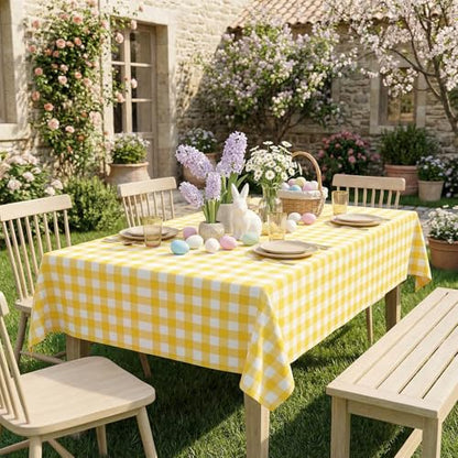 Smiry 8 Packs Gingham Disposable Table Cloth, 54 x 108 Inch Waterproof Plastic Tablecloth, Rectangle Yellow and White Checkered Table Covers for Picnic, Birthday, Party - color: Yellow and White, size: 54"x108" (Pack of 8)
