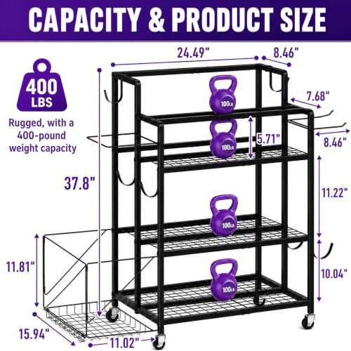 4-Tier Weight Rack for Home Gym with Wheels, Hooks and Dumbbell Storage