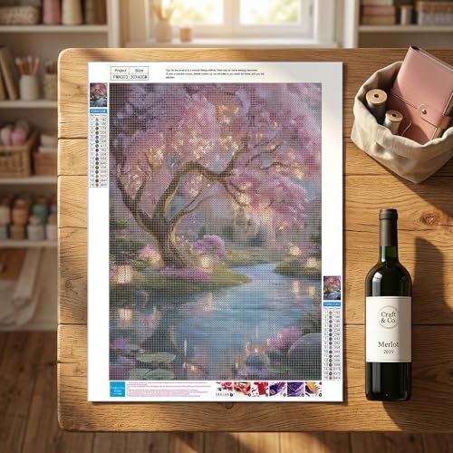 Cherry Blossom Tree Diamond Art Kit for Adults, Japanese Garden (12x16") | Full drill DIY floral gem art canvas painting for home wall decor and gifts. Beautiful pink cherry tree garden design. - color: FMA003