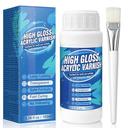 Gloss Varnish for Acrylic Painting, Acrylic Varnish, Non-Yellowing, Anti-Crazing, Non-Toxic, Clear Acrylic Sealer, Superior Protection and High Gloss Finish for Artwork, Acrylics Paint (Clear)