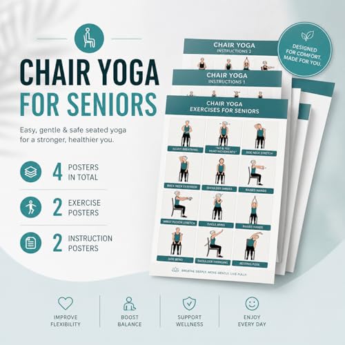Chair yoga for seniors over 60 Chart, Set of 4 Chair Yoga Poster 10" x 8"