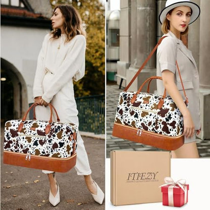 ITIEZY Weekender Bag for Women 21.5" Travel Duffel Large Carry On Bag 3PCS | Nylon Duffel Bag with Waterproof Shoe Compartment, Crossbody Bag and Toiletry Bag, Travel Weekend Hospital Overnight Gym Bag - color: 5-Brown Cow