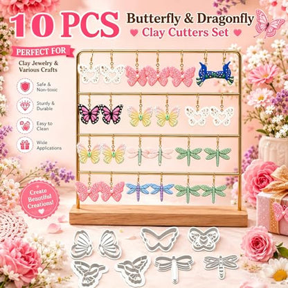 10PCS Butterfly Dragonfly Hummingbird Clay Cutters for Jewelry | Polymer Clay Cutters Set with Embossed Designs for Earrings, Pendants, Charms, Keychains and DIY Crafts - color: Butterfly & Dragonfly