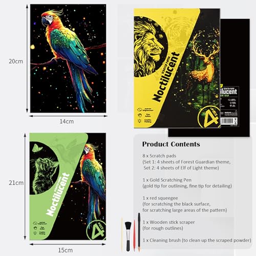Scratchboard Art for Adults Luminous Scratch Painting Kits-A5/8 PCS-Animals | Luminous Scratch Painting Paper Kit, Relaxing Art Therapy Activity for Adults, Hand Coordination Craft, Creative Outlet Gift - style: Animal