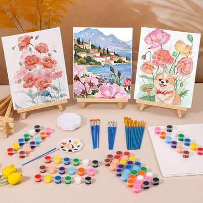 cridoz Paint and Sip Kit for Adults, 6 Pack 8" x 10" Canvases with Easels, Acrylic Paint Set, Painting Trays for Parties - style: Sip and Paint Kit