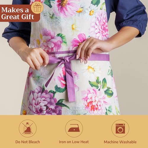 Maison d' Hermine Aprons for women with Pocket 100% Cotton (27.50"x31.50") | Adjustable Neck Strap & long ties Apron Men Chef Wedding Cooking Gardening Server Maid - color: 052 - Pivoine