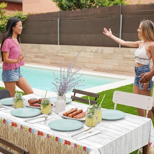 Kochorie 2 Pack Hawaii Luau Grass Tablecloth 54 x 108 Inches Waterproof Plastic Hawaiian Brown Grass Table Skirt with Raffia Libiscus Flowers Table Cover for Summer Tropical Party Decorations - style: Hawaii Luau Grass