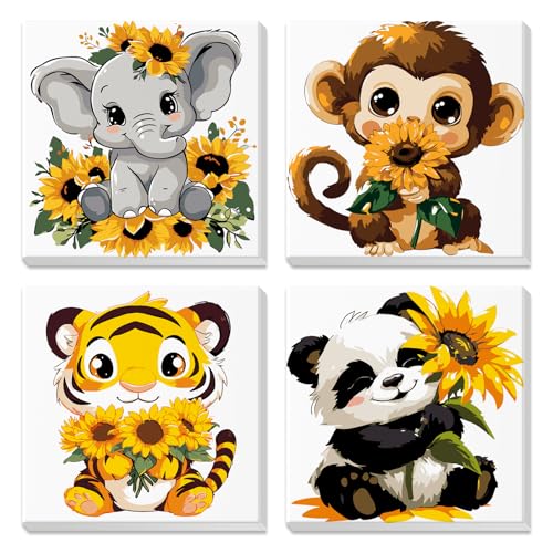 4 Pack Paint by Number for Kids with Wooden Frame, Cartoon Paint by Numbers for Kids Ages 8-12, Elephant, Monkey, Tiger, Panda, DIY Acrylic Oil Painting for Beginners for Home Wall Decor 8X8 inch - color: Yellow-animal