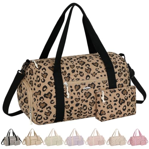 Vankor Gym Bag for Women, 17.5 inch Sports Duffle Bag with Shoe Compartment - color: Corduroy Leopard Print