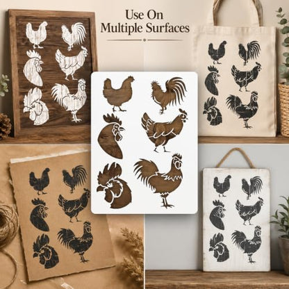 Chicken Stencil | Reusable Farmhouse Farm Stencils for Painting on Wood, Glass, Wall, Rock, Fabric, Walls, Canvas, Glassware | Rooster Farm Animals Stencil 8.5"x 11"