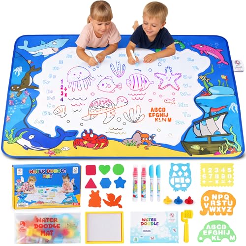 Water Doodle Mat 40 x 32 Inch – Mess Free Toddler Painting Toys, Water Drawing Mat for Kids Ages 3+ with Roller, Stamps, Markers, Water Pens, Foam Shapes, Stencils & Pouch