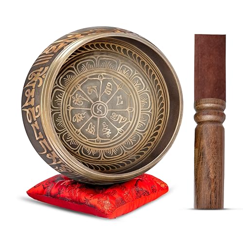Premium Tibetan Singing Bowl Set – Handmade in Nepal Sound & Meditation Bowl – Spiritual Decor for Yoga, Wellness Spaces & Relaxation by Himalayan Bazaar (Brown & Red) - color: Brown - Red