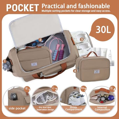 FIORETTO Women's Gym Duffle Bag with Shoes Compartment, 30L Capacity, Ideal for Travel, Gym, Sports, Duffel, Weekender - color: Khaki, style: Gym Bag With Toiletry Bag