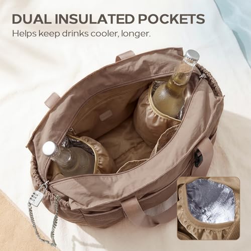Omanmoli Beach Bag for Women Large Waterproof Sandproof Tote 40oz Holder | Anti-theft Lock & Chain,12 Pockets,2 Insulated Foil Pockets,Checkered,Cruise Travel Vacation Picnic Pool Work Gym,Checkered - color: Khaki