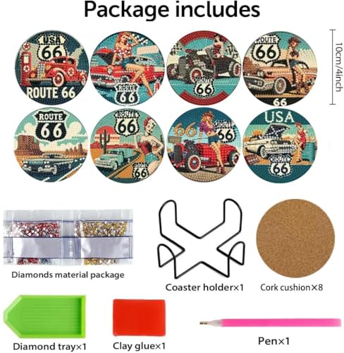 Mrnsiet 8 Pcs Car Diamond Art Coasters Kits for Adults, Highway Landscape Diamond Painting Coaster with Holder, Non Slip Hardwood Bases Coaster Set Gift for Beginners 4x4 Inch - color: BDWY195
