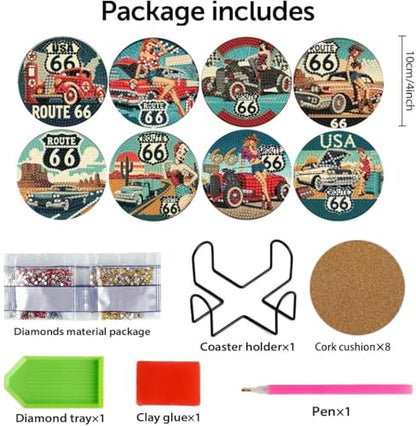 Mrnsiet 8 Pcs Car Diamond Art Coasters Kits for Adults, Highway Landscape Diamond Painting Coaster with Holder, Non Slip Hardwood Bases Coaster Set Gift for Beginners 4x4 Inch - color: BDWY195
