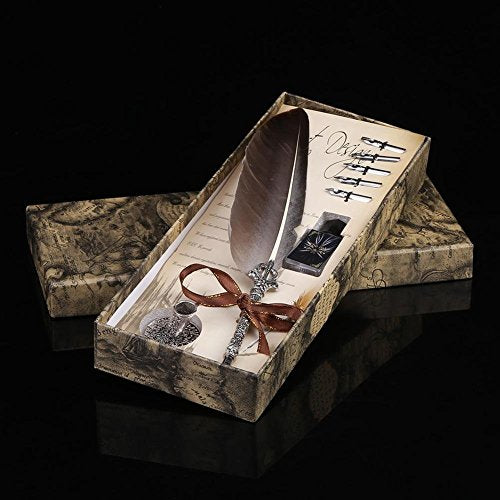Calligraphy Pen Set Writting Quill Feather Pen 100% Hand Craft Real Feather and Stainless Steel Nib Best Antique Executive，Contains Ink no Need to Purchase Additional Ink (Black) - color: Black