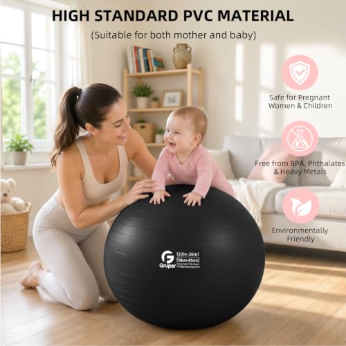 Gruper Exercise Ball, Extra Thick Yoga Ball for Working Out, Yoga & Pregnancy, 4 Sizes Anti-Burst Balance Ball with Foot Pump for Pilates, Physical Therapy & Fitness - color: black, size: S(18IN/45cm)