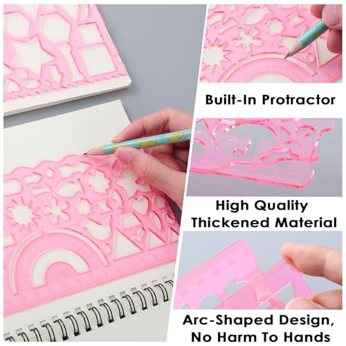 JIEYAO 2 Pcs Geometric Drawings Templates, Multi-Shaped Drafting Stencils, Plastic Measuring Templates Rulers Clear Drawing Triangle Tool Protractor Set for Studying Designing Office(Red) - color: Red