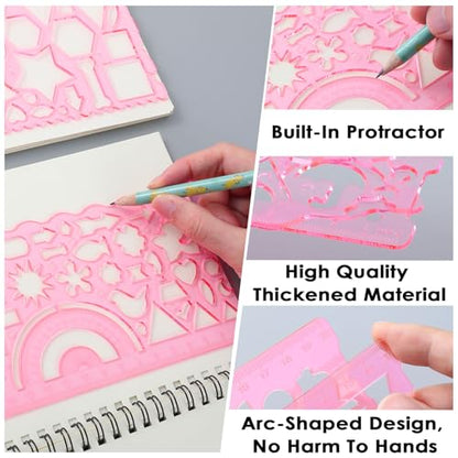 JIEYAO 2 Pcs Geometric Drawings Templates, Multi-Shaped Drafting Stencils, Plastic Measuring Templates Rulers Clear Drawing Triangle Tool Protractor Set for Studying Designing Office(Red) - color: Red