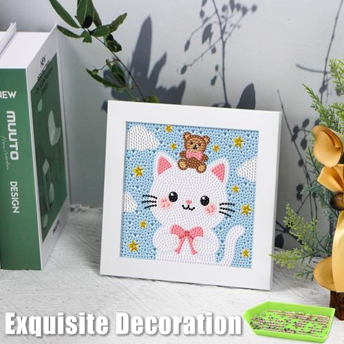 geesfayan Diamond Art Kits for Kids,6 Inch DIY Gem Art Painting with 7 Inch Frame, Complete Starter Kit for Beginners, Creative Arts & Crafts Gift for Girls & Boys (Cartoon Cat) - color: Cartoon Cat