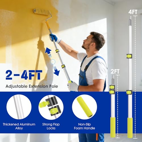 32PCS Paint Roller Kit with 2-4ft Extension Pole, 9" & 4" Roller Covers, Paint Brushes, Tray Liners & Tape, Professional House Painting Supplies for Walls, Ceilings & Cabinets