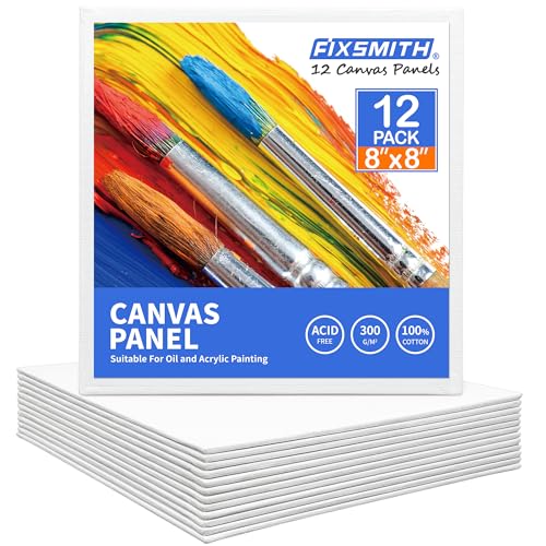 FIXSMITH Canvas Boards for Painting 8x8 Inch, Super Value 12 Pack White Blank Canvas Panels, 100% Cotton Primed, Painting Art Supplies for Professionals, Hobby Painters, Students & Kids - size: 8"×8"