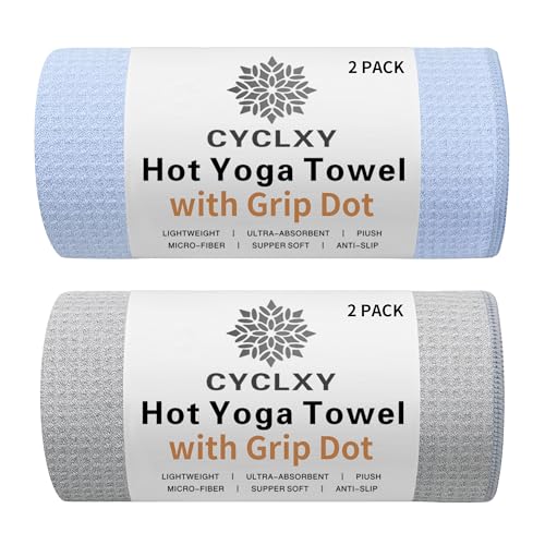 2 Pack Hot Yoga Towel with Grip Dot，Stickyfiber Yoga Mat Towels Non Slip for Hot Yoga,Absorbent Microfiber Sweat Anti-Slip Cover,Bikram,Pilates,Exercise - color: Gray / Blue, size: 72.00" x 26.50"
