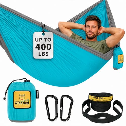 Wise Owl Outfitters Hammock for Camping Single Hammocks Gear for The Outdoors Backpacking Survival or Travel - Portable Lightweight Parachute Nylon SO Lt Blue & Grey - color: Blue & Grey, size: Single