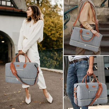 ITIEZY Weekender Bag for Women 21.5" Travel Duffel Large Carry On Bag 3PCS | Nylon Duffel Bag with Waterproof Shoe Compartment, Crossbody Bag and Toiletry Bag, Travel Weekend Hospital Overnight Gym Bag - color: 1-Grey