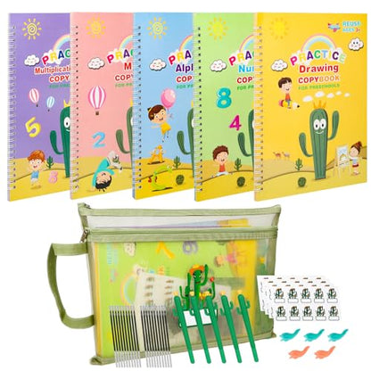 LUCKFUTURE Large Handwriting Practice for Kids, Grooved Design | Reusable Magic Copybook Set, Kindergarten Preschool Learning Activities Workbook, 5 Books with Pens - size: Large Handwriting Practice Books