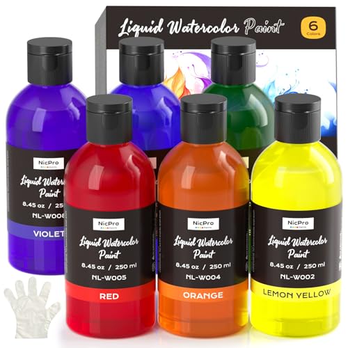 Nicpro 6 Colors Liquid Watercolor Paint Set, 8.45oz Large Bulk Water Color | Non-Toxic Liquid Watercolor Paint, Painting Supplies for Art Activity, Craft DIY, Poster, School, Home, Classroom, Party - color: 6 Colors, size: 8.45 Fl Oz (Pack of 6)